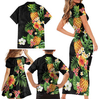 Hawaii Pineapple Tropical Family Matching Short Sleeve Bodycon Dress and Hawaiian Shirt Colorful Hibiscus Plumeria
