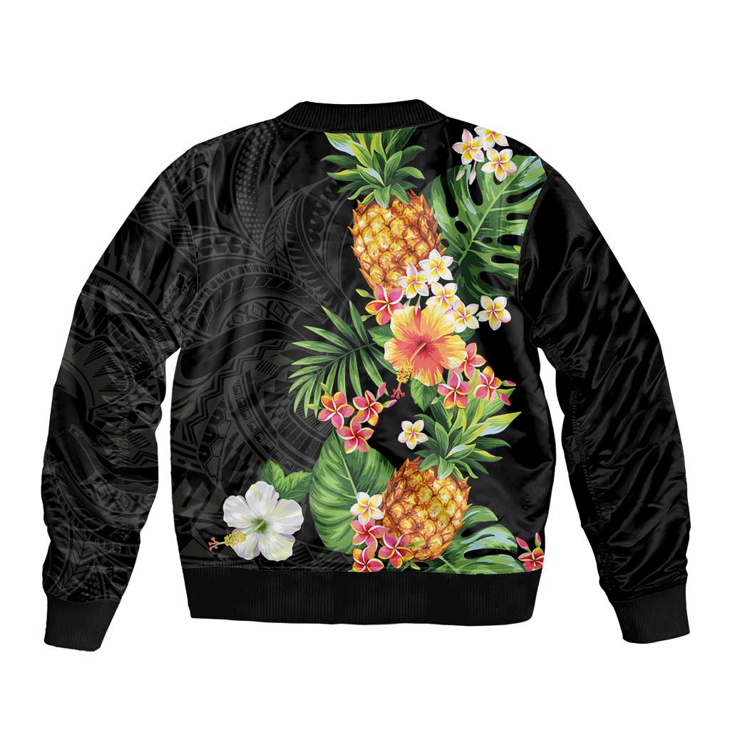 Hawaii Pineapple Tropical Sleeve Zip Bomber Jacket Colorful Hibiscus Plumeria