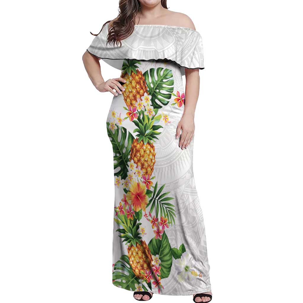 Hawaii Pineapple Tropical Off Shoulder Maxi Dress Luminous Hibiscus Plumeria