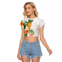 Hawaii Pineapple Tropical Raglan Cropped T Shirt Luminous Hibiscus Plumeria LT01 Female White - Polynesian Pride