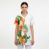 Hawaii Pineapple Tropical Scrub Top Luminous Hibiscus Plumeria - Polynesian Pride