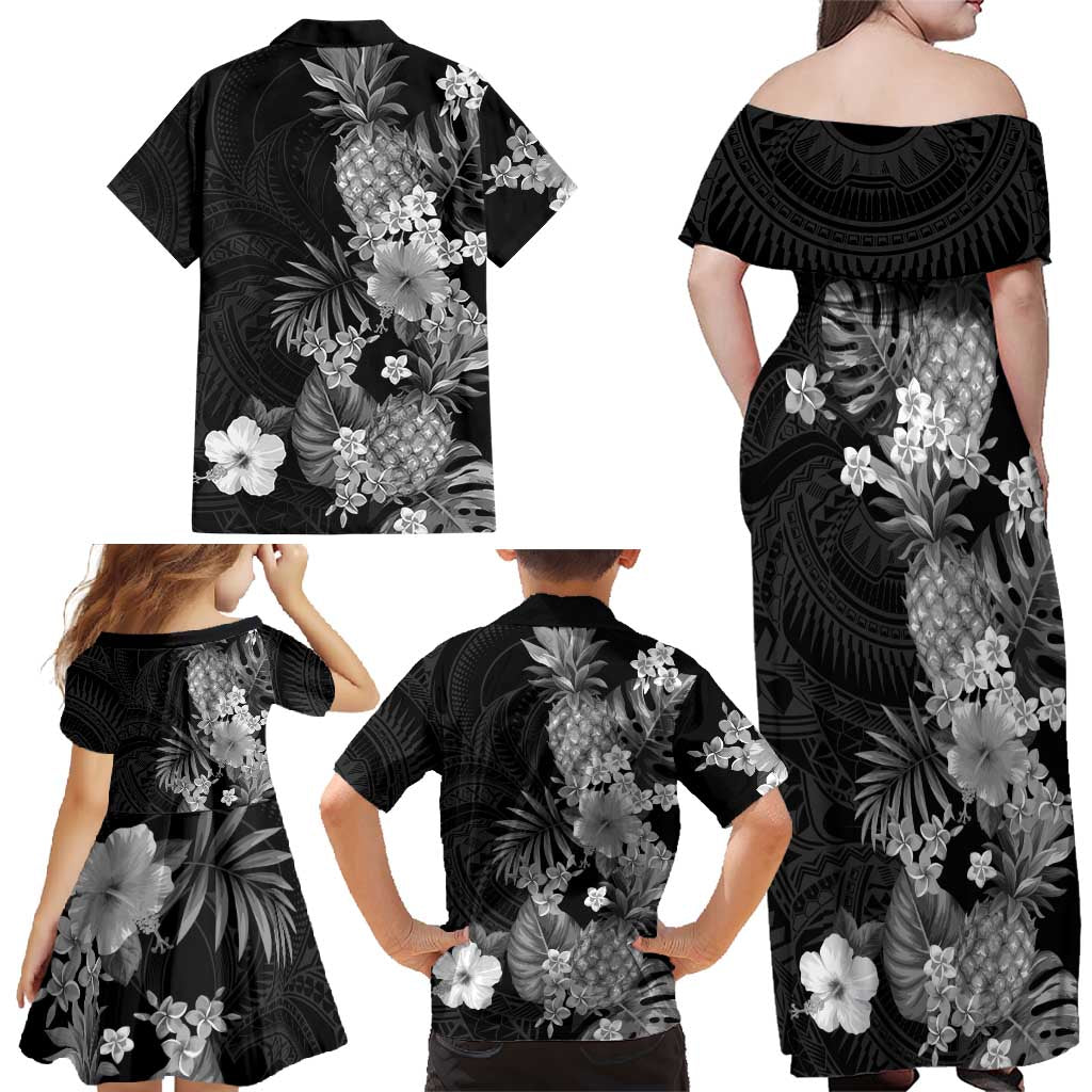 Hawaii Pineapple Tropical Family Matching Off Shoulder Maxi Dress and Hawaiian Shirt Neutral Hibiscus Plumeria