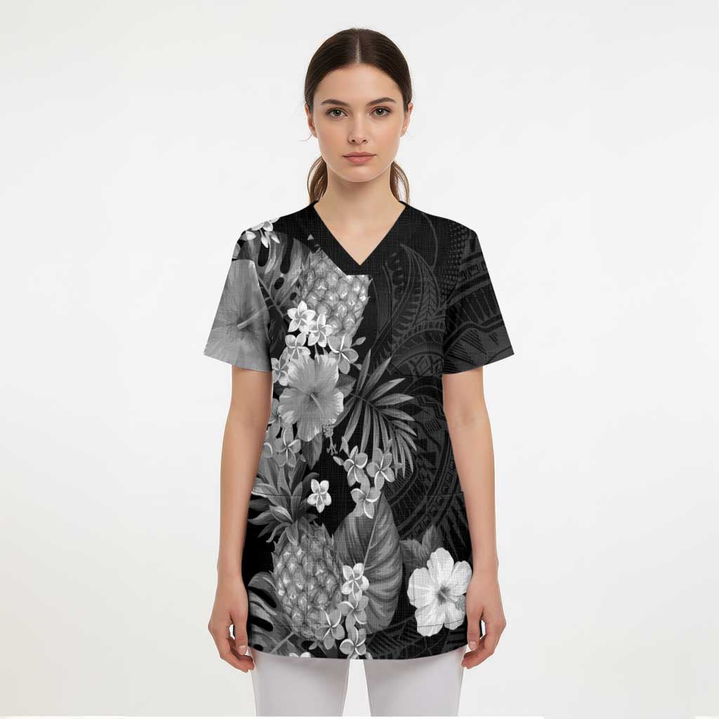 Hawaii Pineapple Tropical Scrub Top Neutral Hibiscus Plumeria - Polynesian Pride