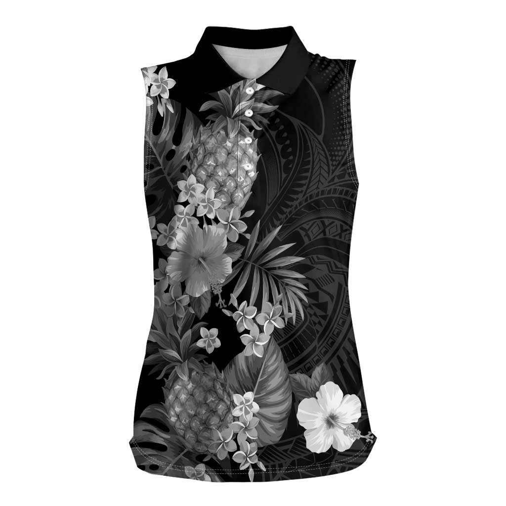 Hawaii Pineapple Tropical Women Sleeveless Polo Shirt Neutral Hibiscus Plumeria LT01 Female Black - Polynesian Pride