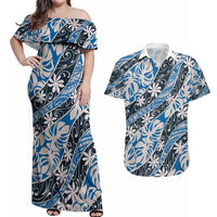 Ninamu Tahiti Tiare Monstera Couples Matching Off Shoulder Maxi Dress and Hawaiian Shirt Polynesian Pattern Curve Style - Polynesian Pride