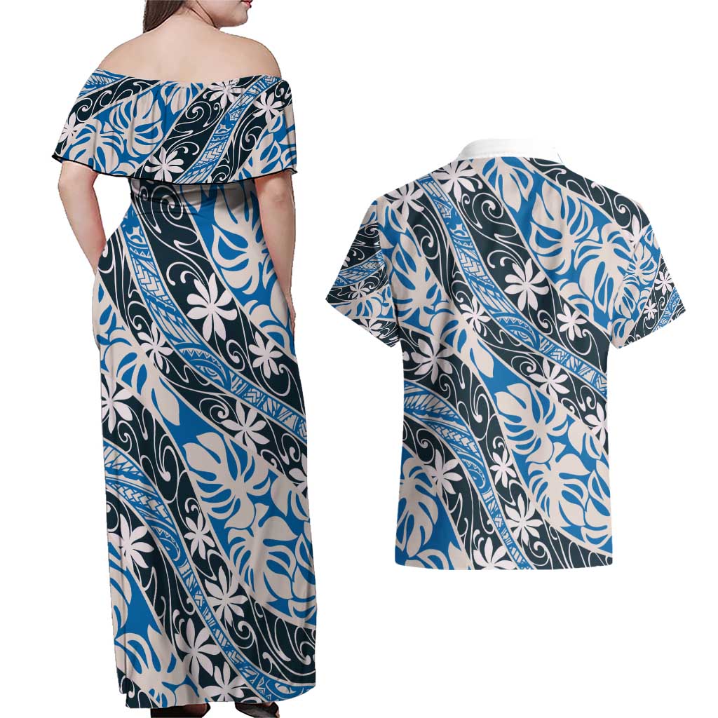 Ninamu Tahiti Tiare Monstera Couples Matching Off Shoulder Maxi Dress and Hawaiian Shirt Polynesian Pattern Curve Style - Polynesian Pride