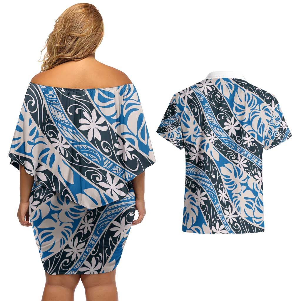 Ninamu Tahiti Tiare Monstera Couples Matching Off Shoulder Short Dress and Hawaiian Shirt Polynesian Pattern Curve Style - Polynesian Pride