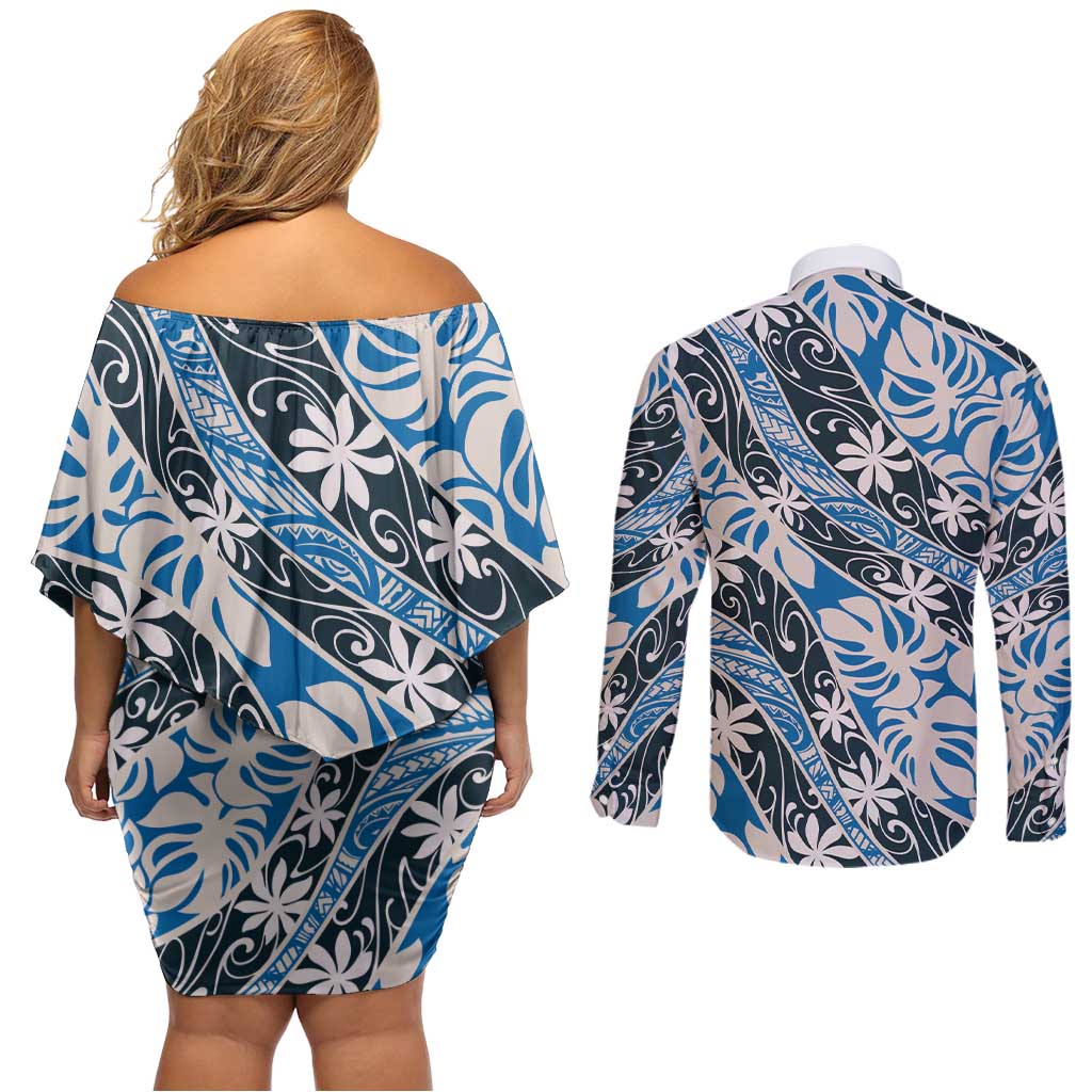 Ninamu Tahiti Tiare Monstera Couples Matching Off Shoulder Short Dress and Long Sleeve Button Shirt Polynesian Pattern Curve Style - Polynesian Pride