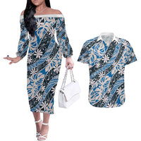 Ninamu Tahiti Tiare Monstera Couples Matching Off The Shoulder Long Sleeve Dress and Hawaiian Shirt Polynesian Pattern Curve Style - Polynesian Pride