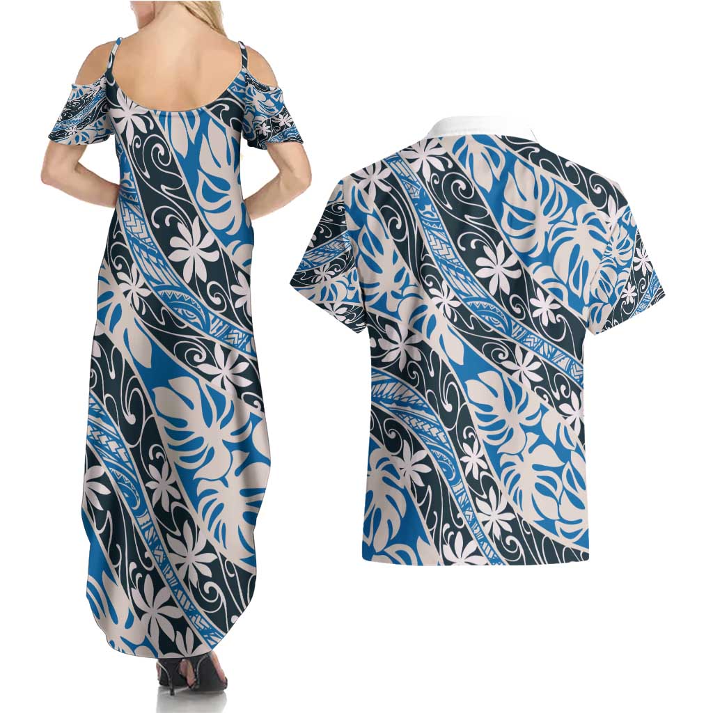 Ninamu Tahiti Tiare Monstera Couples Matching Summer Maxi Dress and Hawaiian Shirt Polynesian Pattern Curve Style - Polynesian Pride