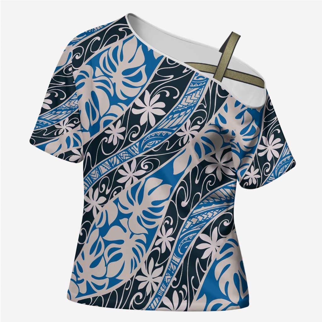 Ninamu Tahiti Tiare Monstera Cross Shoulder Shirt Polynesian Pattern Curve Style - Polynesian Pride