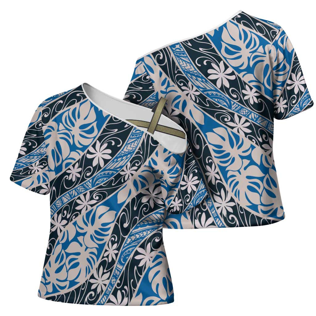 Ninamu Tahiti Tiare Monstera Cross Shoulder Shirt Polynesian Pattern Curve Style - Polynesian Pride