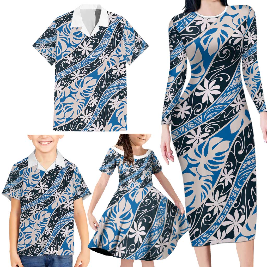 Ninamu Tahiti Tiare Monstera Family Matching Long Sleeve Bodycon Dress and Hawaiian Shirt Polynesian Pattern Curve Style - Polynesian Pride