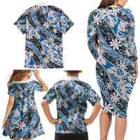 Ninamu Tahiti Tiare Monstera Family Matching Long Sleeve Bodycon Dress and Hawaiian Shirt Polynesian Pattern Curve Style - Polynesian Pride