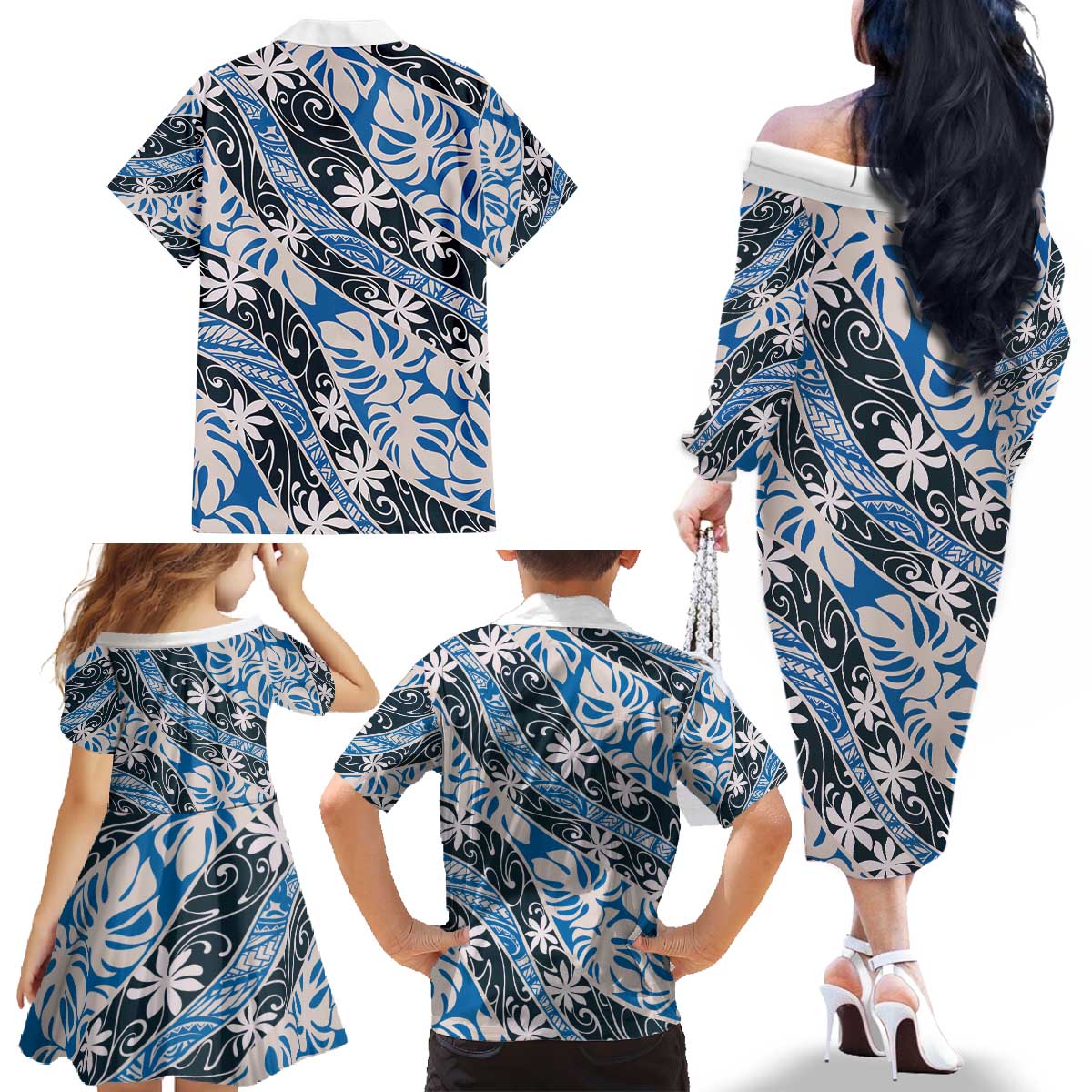 Ninamu Tahiti Tiare Monstera Family Matching Off The Shoulder Long Sleeve Dress and Hawaiian Shirt Polynesian Pattern Curve Style - Polynesian Pride