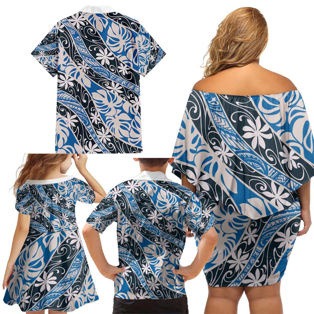 Ninamu Tahiti Tiare Monstera Family Matching Off Shoulder Short Dress and Hawaiian Shirt Polynesian Pattern Curve Style - Polynesian Pride