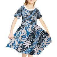 Ninamu Tahiti Tiare Monstera Kid Short Sleeve Dress Polynesian Pattern Curve Style - Polynesian Pride