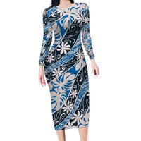 Ninamu Tahiti Tiare Monstera Long Sleeve Bodycon Dress Polynesian Pattern Curve Style - Polynesian Pride