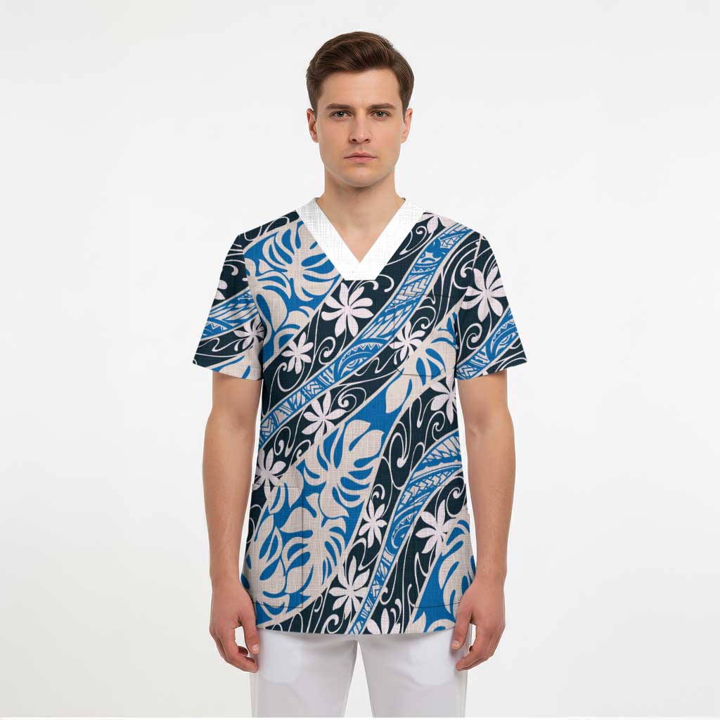 Ninamu Tahiti Tiare Monstera Scrub Top Polynesian Pattern Curve Style - Polynesian Pride