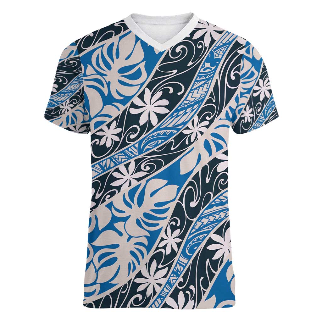Ninamu Tahiti Tiare Monstera Women V-Neck T-Shirt Polynesian Pattern Curve Style - Polynesian Pride