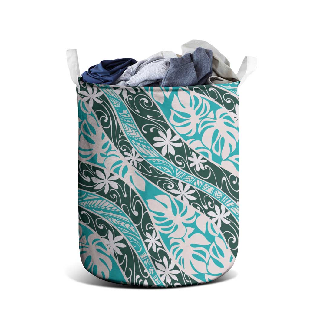 Cyan Tahiti Tiare Monstera Laundry Basket Polynesian Pattern Curve Style - Polynesian Pride