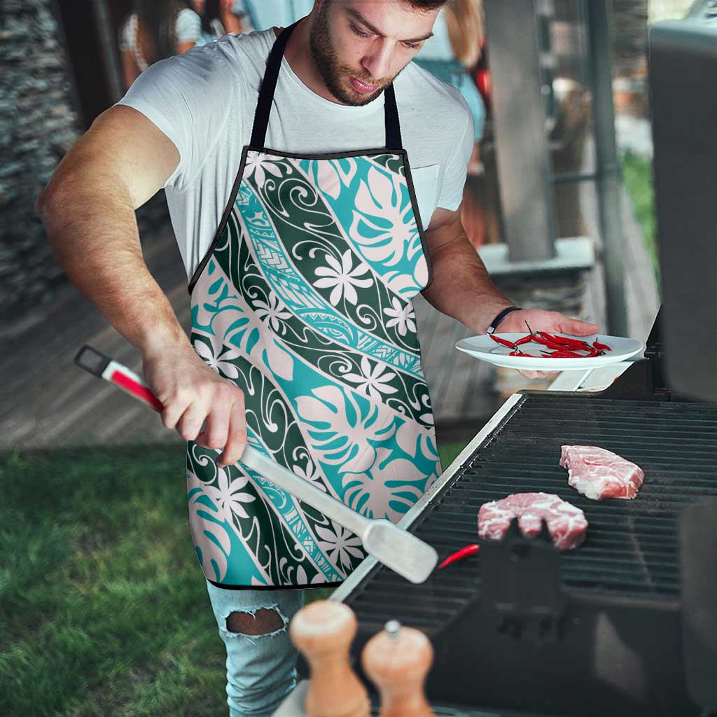 Cyan Tahiti Tiare Monstera Apron Polynesian Pattern Curve Style - Polynesian Pride