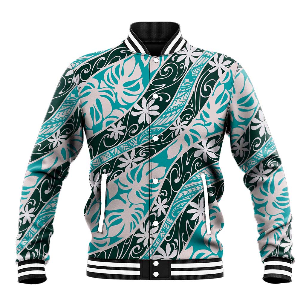 Cyan Tahiti Tiare Monstera Baseball Jacket Polynesian Pattern Curve Style - Polynesian Pride