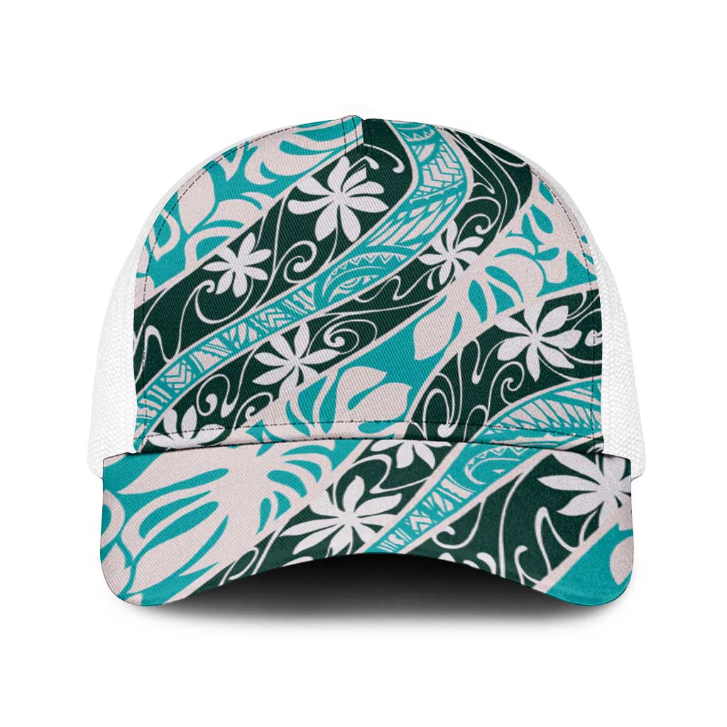 Cyan Tahiti Tiare Monstera Baseball Net Cap Polynesian Pattern Curve Style - Polynesian Pride