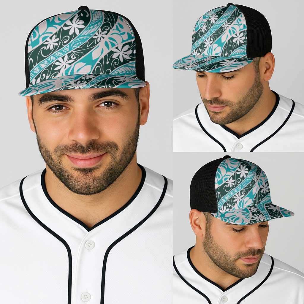 Cyan Tahiti Tiare Monstera Baseball Net Cap Polynesian Pattern Curve Style - Polynesian Pride