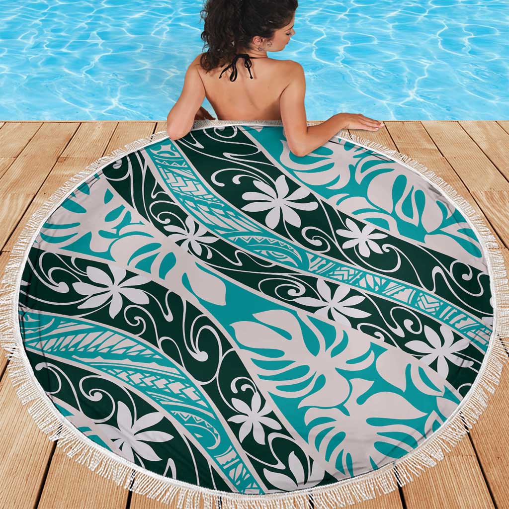 Cyan Tahiti Tiare Monstera Beach Blanket Polynesian Pattern Curve Style - Polynesian Pride