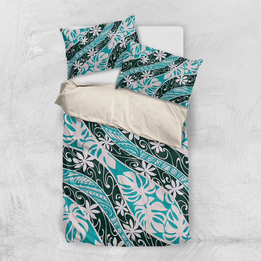 Cyan Tahiti Tiare Monstera Bedding Set Polynesian Pattern Curve Style - Polynesian Pride