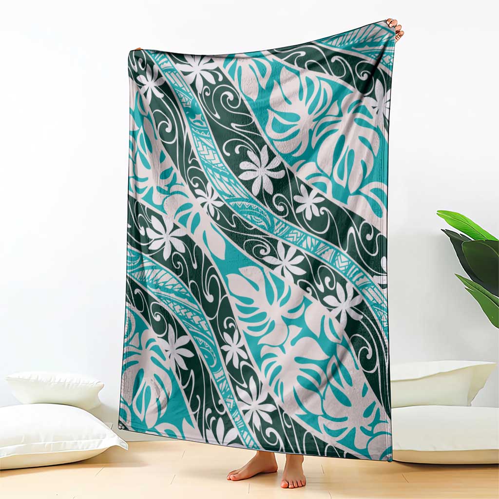 Cyan Tahiti Tiare Monstera Blanket Polynesian Pattern Curve Style - Polynesian Pride