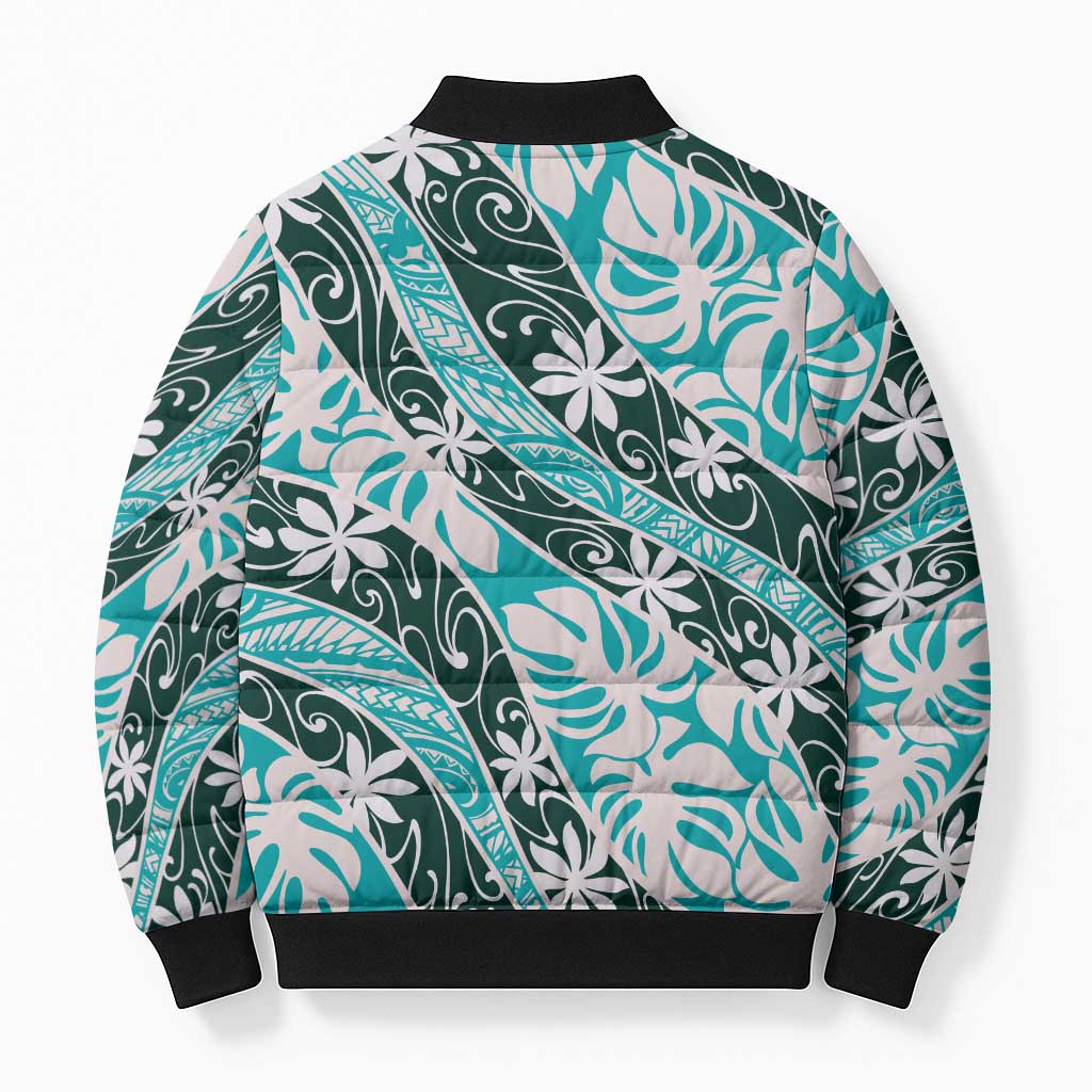 Cyan Tahiti Tiare Monstera Bomber Puffer Jacket Polynesian Pattern Curve Style - Polynesian Pride