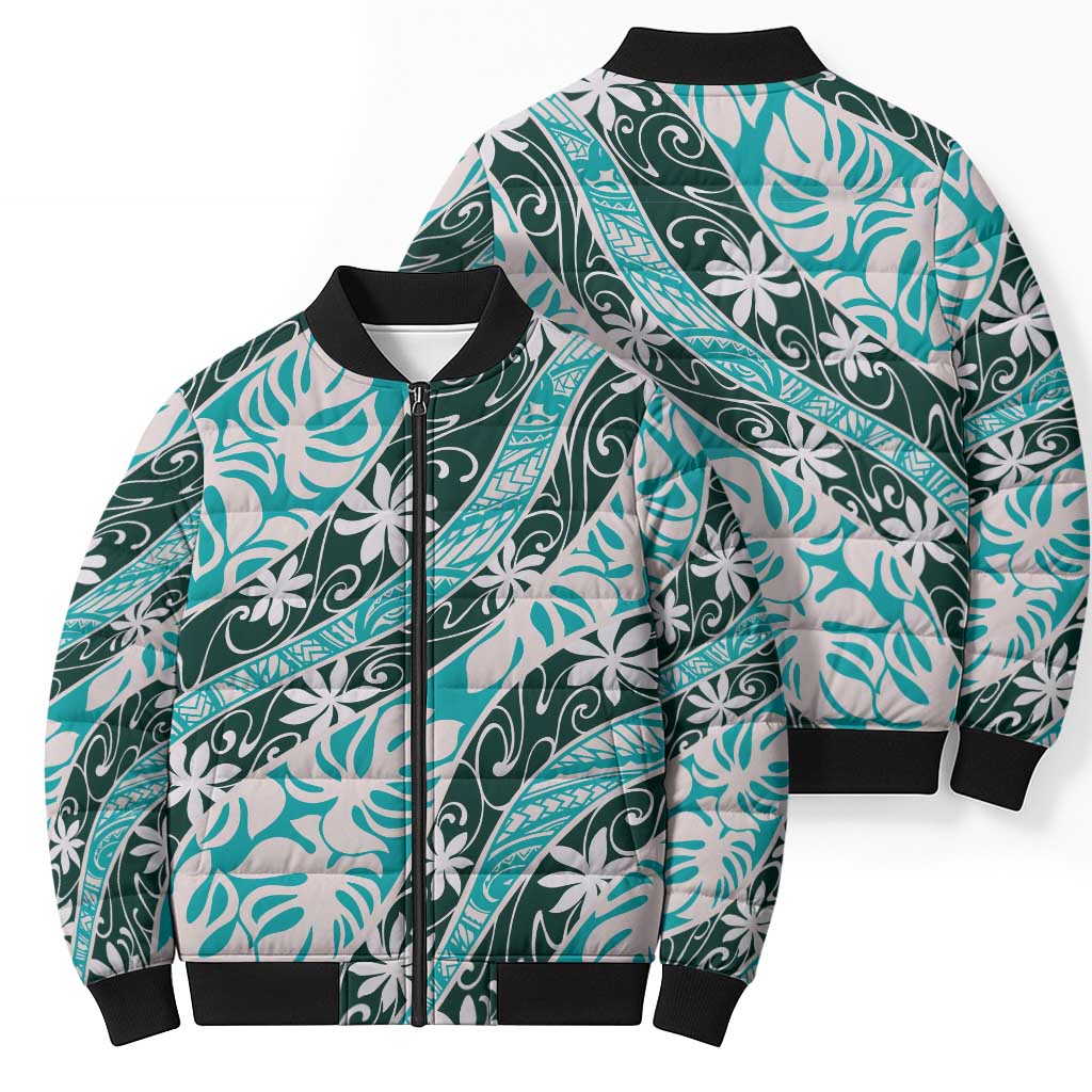 Cyan Tahiti Tiare Monstera Bomber Puffer Jacket Polynesian Pattern Curve Style - Polynesian Pride