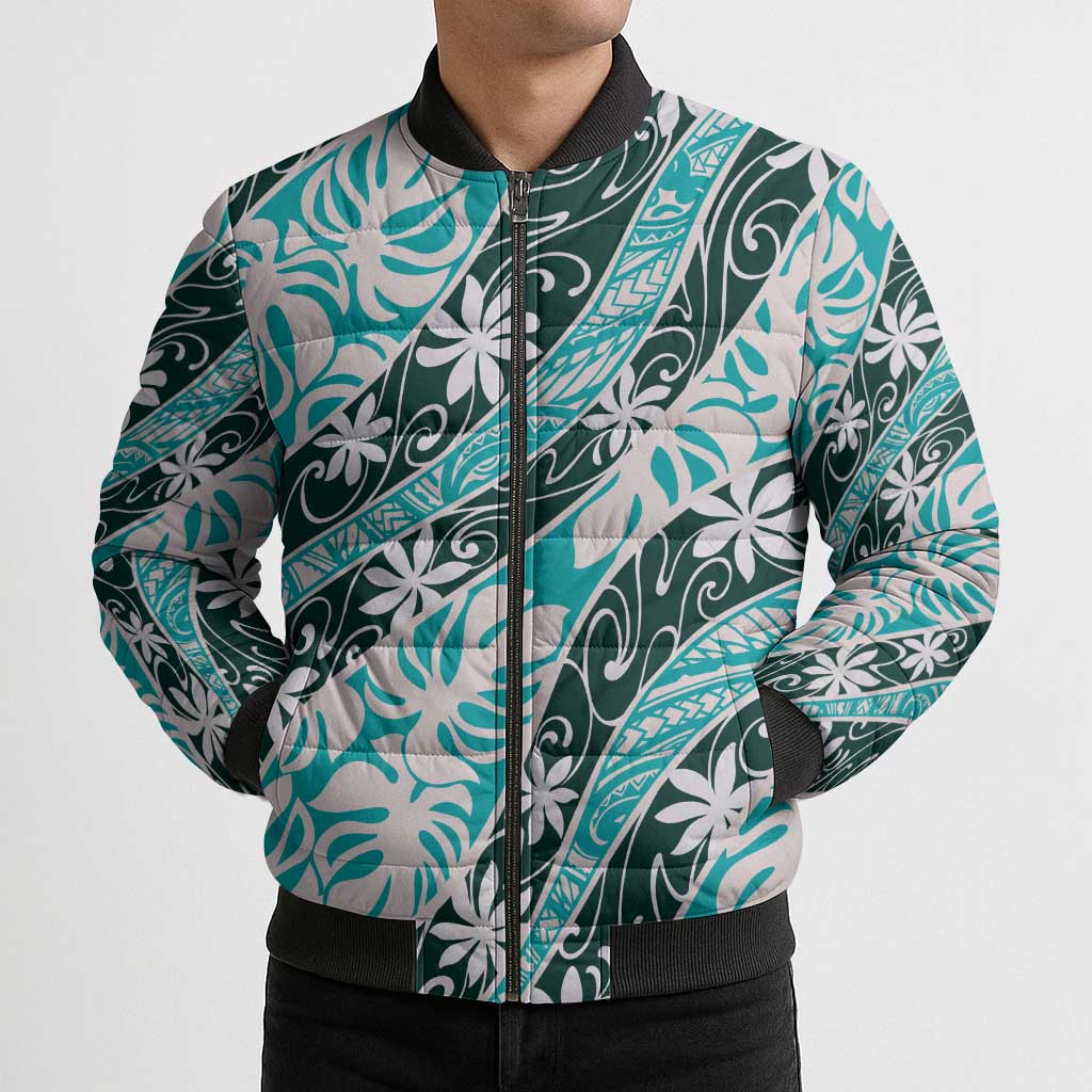 Cyan Tahiti Tiare Monstera Bomber Puffer Jacket Polynesian Pattern Curve Style - Polynesian Pride