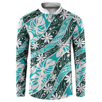 Cyan Tahiti Tiare Monstera Button Sweatshirt Polynesian Pattern Curve Style - Polynesian Pride