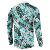 Cyan Tahiti Tiare Monstera Button Sweatshirt Polynesian Pattern Curve Style - Polynesian Pride