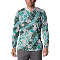 Cyan Tahiti Tiare Monstera Button Sweatshirt Polynesian Pattern Curve Style - Polynesian Pride