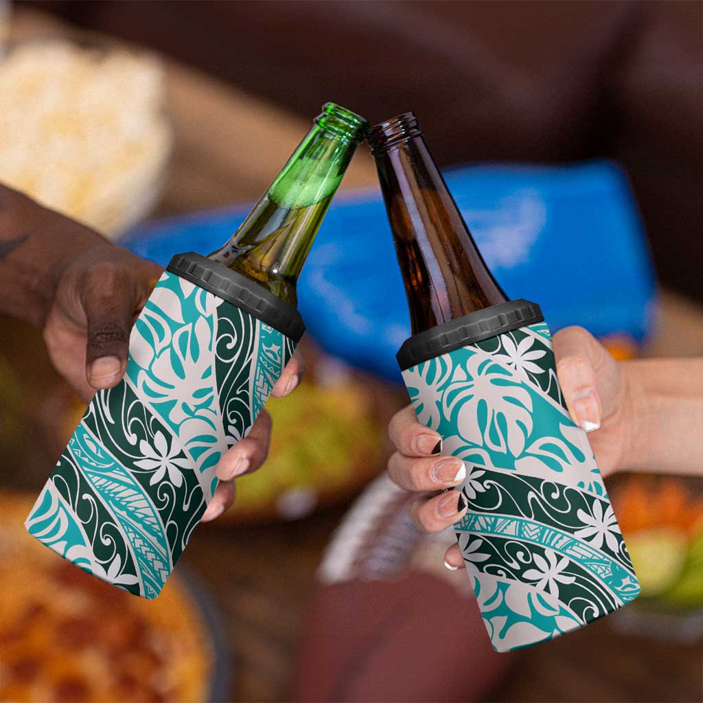 Cyan Tahiti Tiare Monstera 4 in 1 Can Cooler Tumbler Polynesian Pattern Curve Style - Polynesian Pride