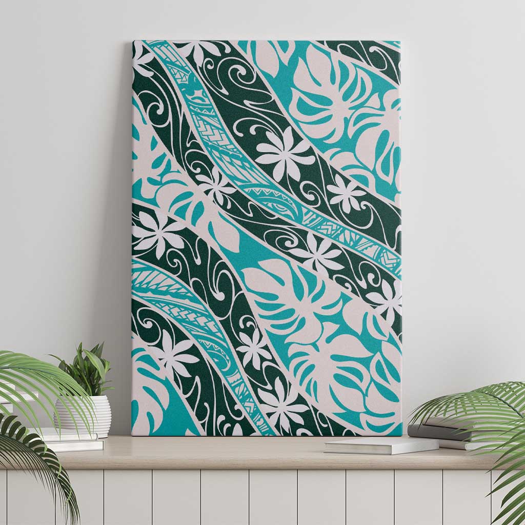 Cyan Tahiti Tiare Monstera Canvas Wall Art Polynesian Pattern Curve Style - Polynesian Pride