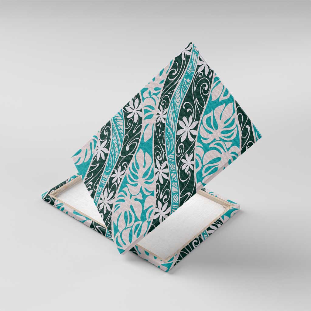 Cyan Tahiti Tiare Monstera Canvas Wall Art Polynesian Pattern Curve Style - Polynesian Pride