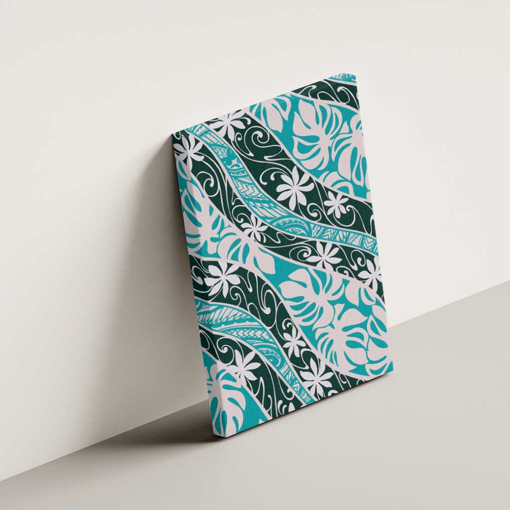 Cyan Tahiti Tiare Monstera Canvas Wall Art Polynesian Pattern Curve Style - Polynesian Pride