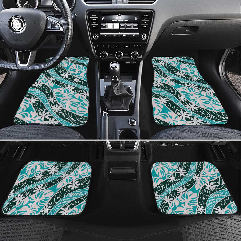 Cyan Tahiti Tiare Monstera Car Mats Polynesian Pattern Curve Style - Polynesian Pride