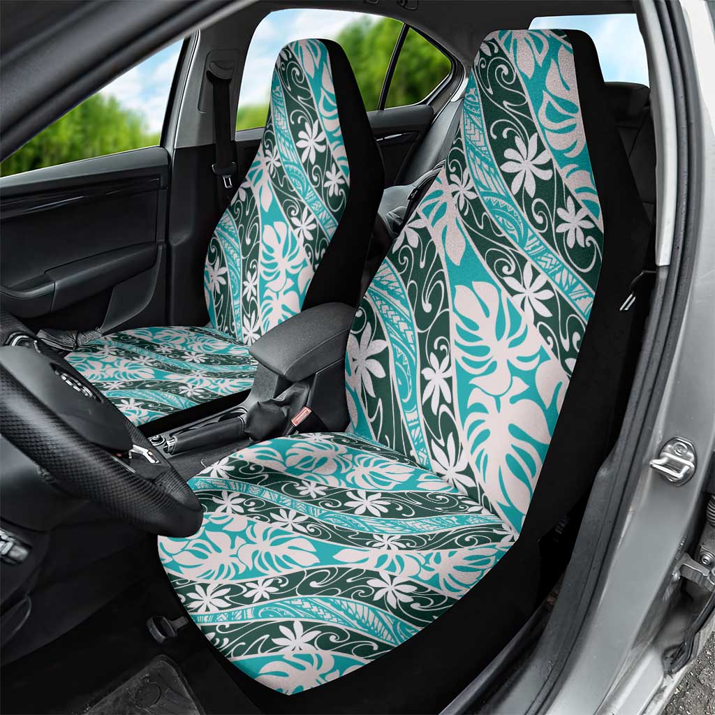 Cyan Tahiti Tiare Monstera Car Seat Cover Polynesian Pattern Curve Style - Polynesian Pride