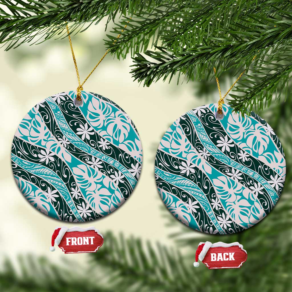 Cyan Tahiti Tiare Monstera Ceramic Ornament Polynesian Pattern Curve Style - Polynesian Pride