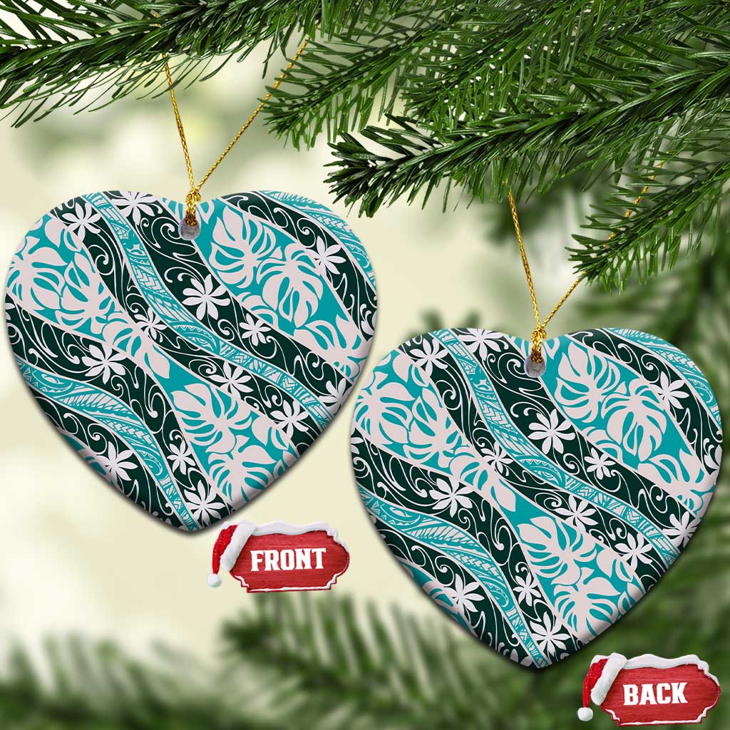 Cyan Tahiti Tiare Monstera Ceramic Ornament Polynesian Pattern Curve Style - Polynesian Pride