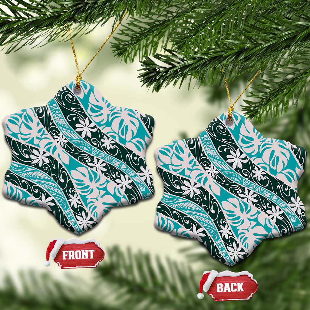Cyan Tahiti Tiare Monstera Ceramic Ornament Polynesian Pattern Curve Style - Polynesian Pride