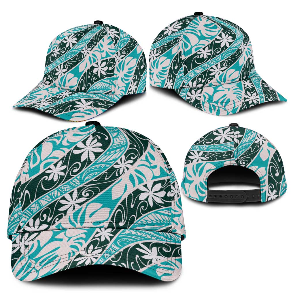 Cyan Tahiti Tiare Monstera Classic Cap Polynesian Pattern Curve Style - Polynesian Pride