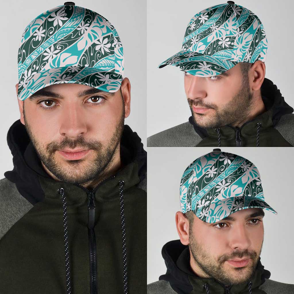 Cyan Tahiti Tiare Monstera Classic Cap Polynesian Pattern Curve Style - Polynesian Pride