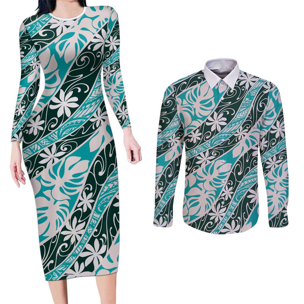 Cyan Tahiti Tiare Monstera Couples Matching Long Sleeve Bodycon Dress and Long Sleeve Button Shirt Polynesian Pattern Curve Style - Polynesian Pride